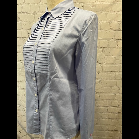 TOMMY HILFIGER WOMAN LIGHT BLUE  LONG SLEEVES SHIRT pleated neckline SIZE S/P - Picture 2 of 13